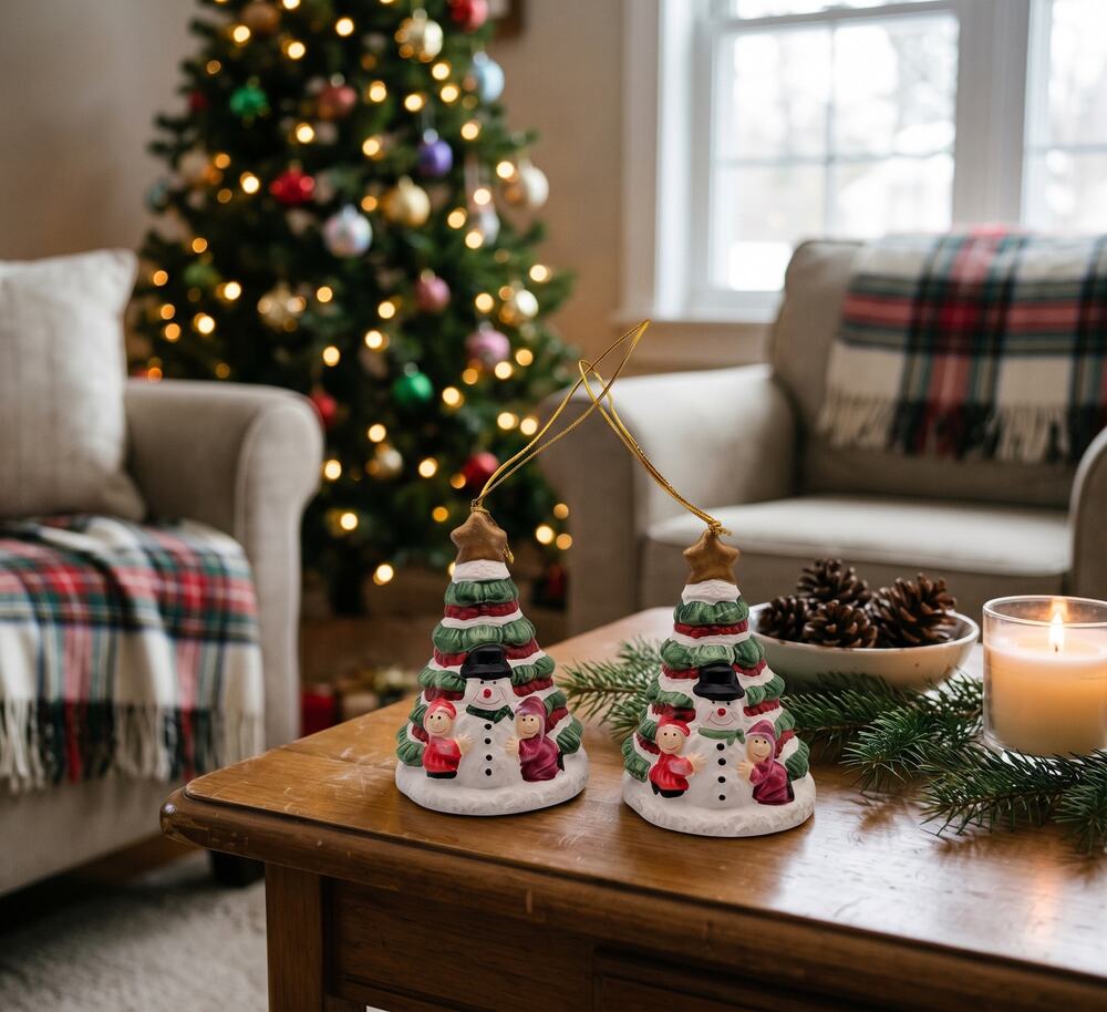 Vintage Ceramic Christmas Tree Bell Ornaments Lot 2 Snowman Kids Bisque 3.5"